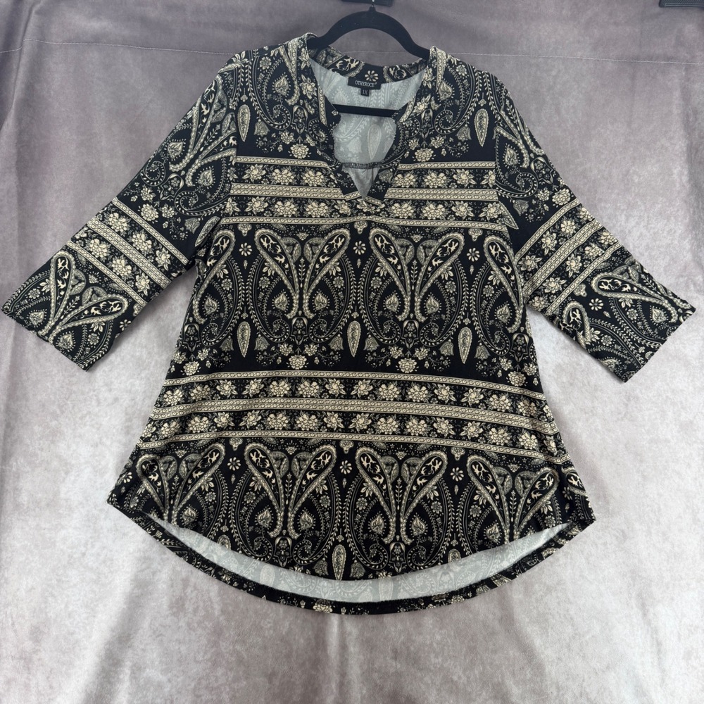 Othyroce Womens 1X Black Cream Paisley Floral 3/4 Sleeve Tunic Blouse BOHO Flowy